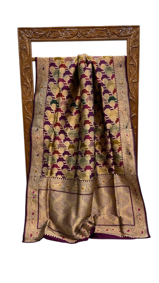 Multicolor Pure Katan Silk Banarasi Handloom Saree - All over Jaal Work With Rangkart - The Handlooms