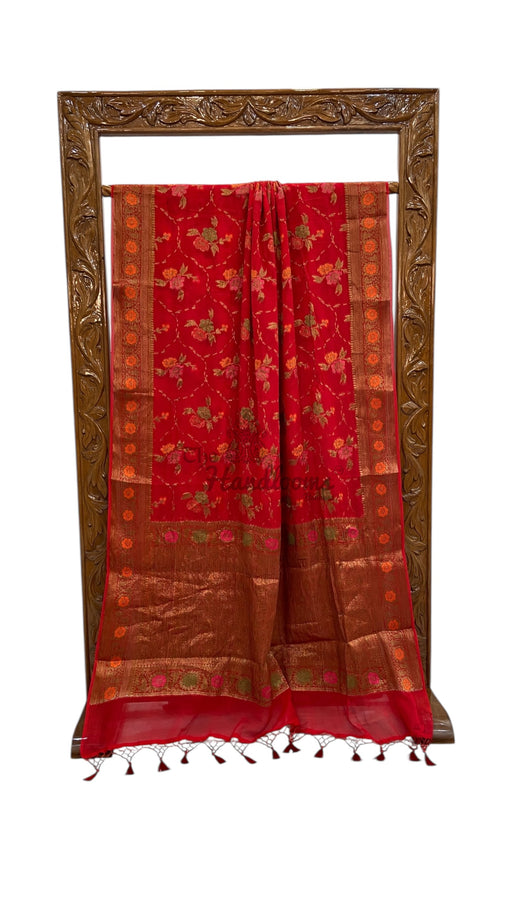 Red Pure Chiffon Khaddi Banarasi Saree - The Handlooms