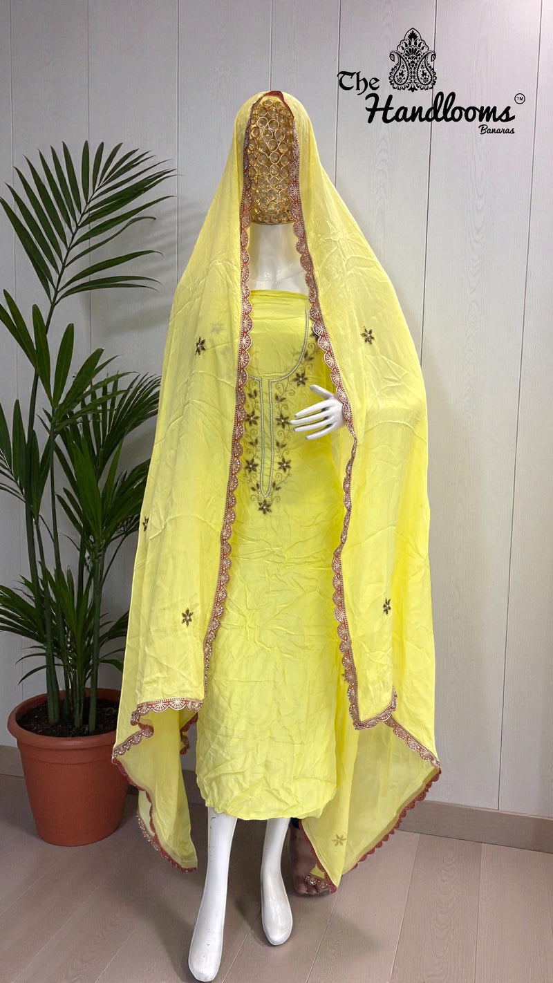 Elegant Silk Dress with– Adorned with Gota Patti, Moti, Katdana & Zardozi Handwork - The Handlooms