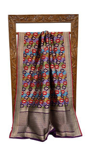 Multicolor Pure Katan Silk Banarasi Handloom Saree - All over Jaal Work With Rangkart - The Handlooms