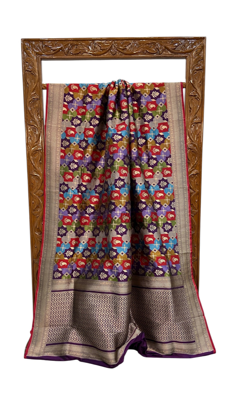 Multicolor Pure Katan Silk Banarasi Handloom Saree - All over Jaal Work With Rangkart - The Handlooms