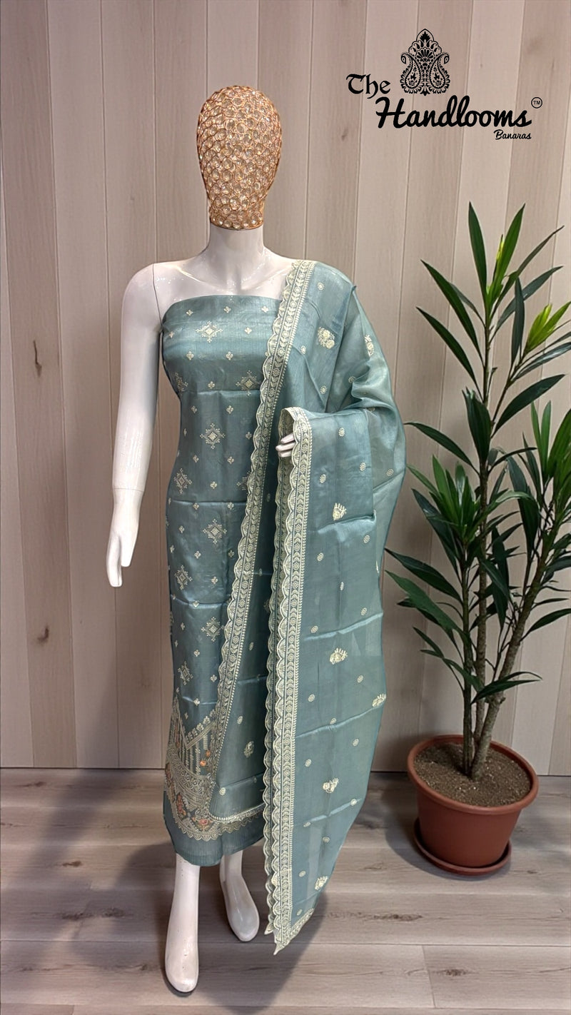 Pure Tussar Chikankari Handloom Banarasi Dress Material