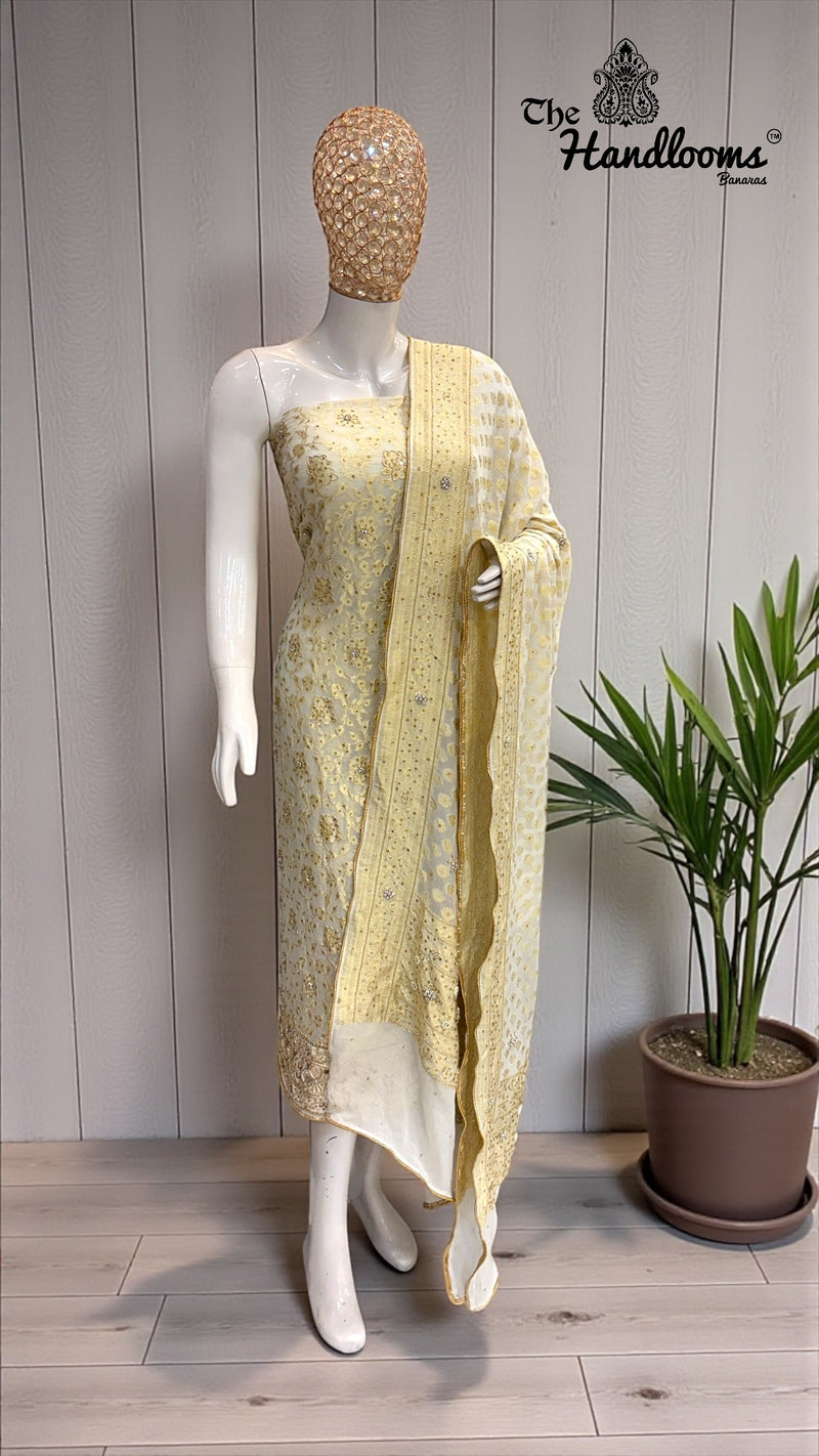 Pure Khaddi Georgette Handloom Banarasi Dress Material With Katdana,Zardozi,Stone,Diamond,Dapka