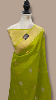 Olive Green Pure Kora Handloom Banarasi Saree - Sona Roopa Alfi Kadua Boota - The Handlooms