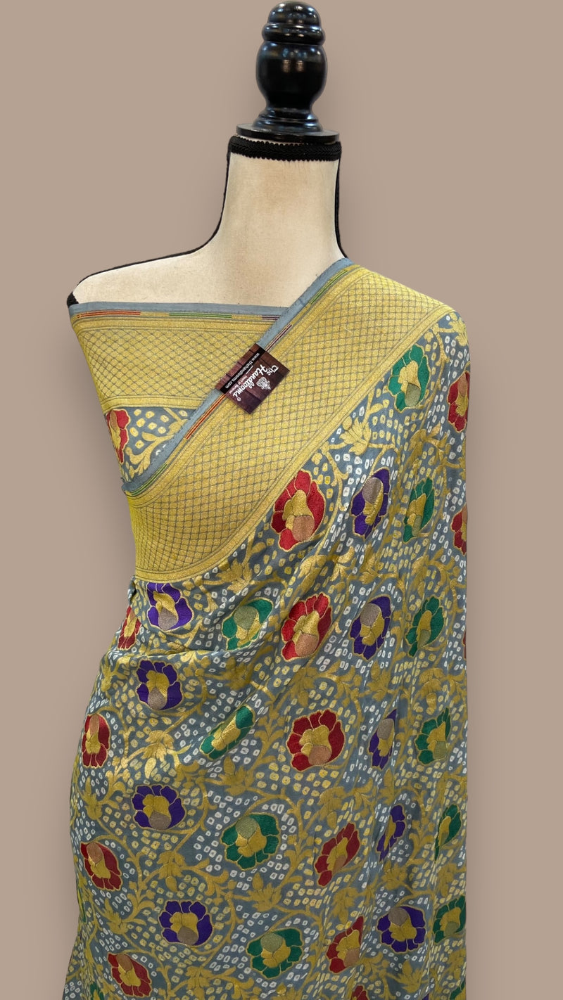 Pure Georgette Banarasi Bandhej Handloom Saree - with meenakari work - The Handlooms