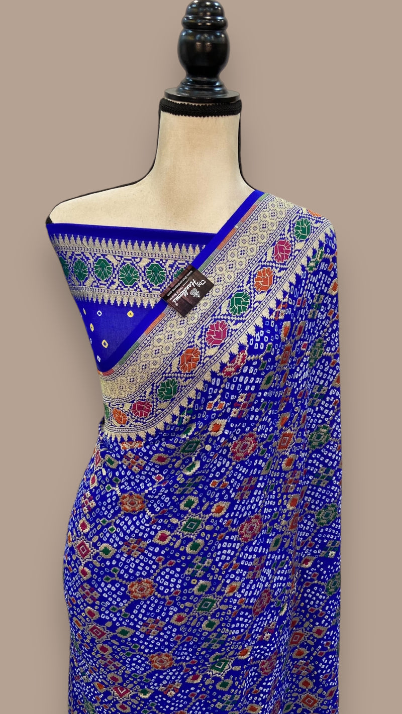 Pure Georgette Banarasi Bandhej Handloom Saree - with meenakari work - The Handlooms