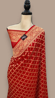 Red Khaddi Georgette Banarasi Saree -  Gold zari - The Handlooms