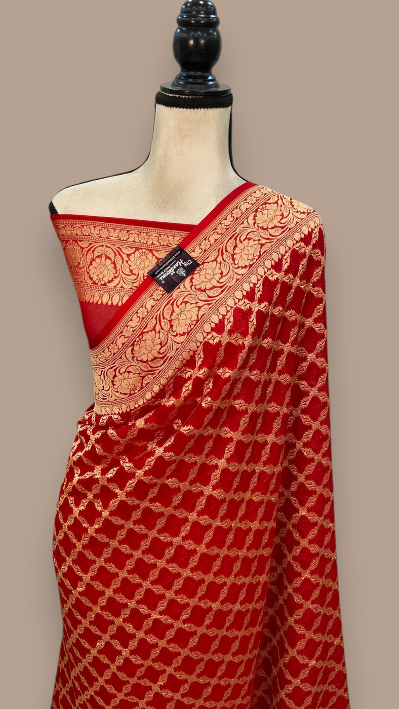 Red Khaddi Georgette Banarasi Saree -  Gold zari - The Handlooms