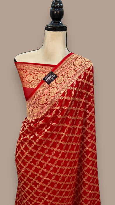 Red Khaddi Georgette Banarasi Saree -  Gold zari