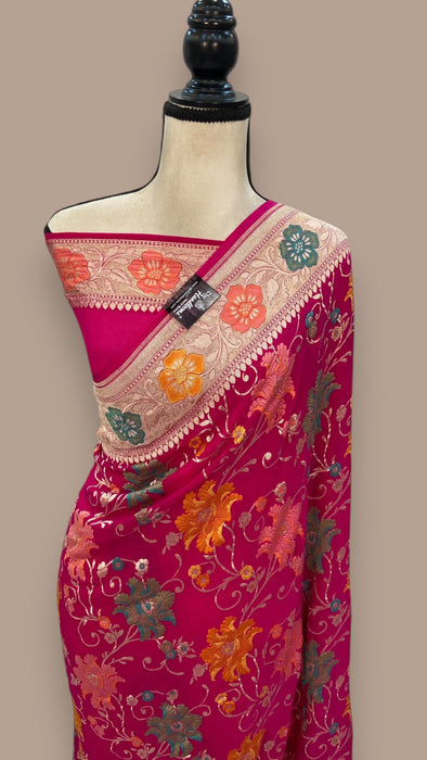 Pure Khaddi Georgette Handloom Banarasi Saree - All over Jaal Work With Meenakari