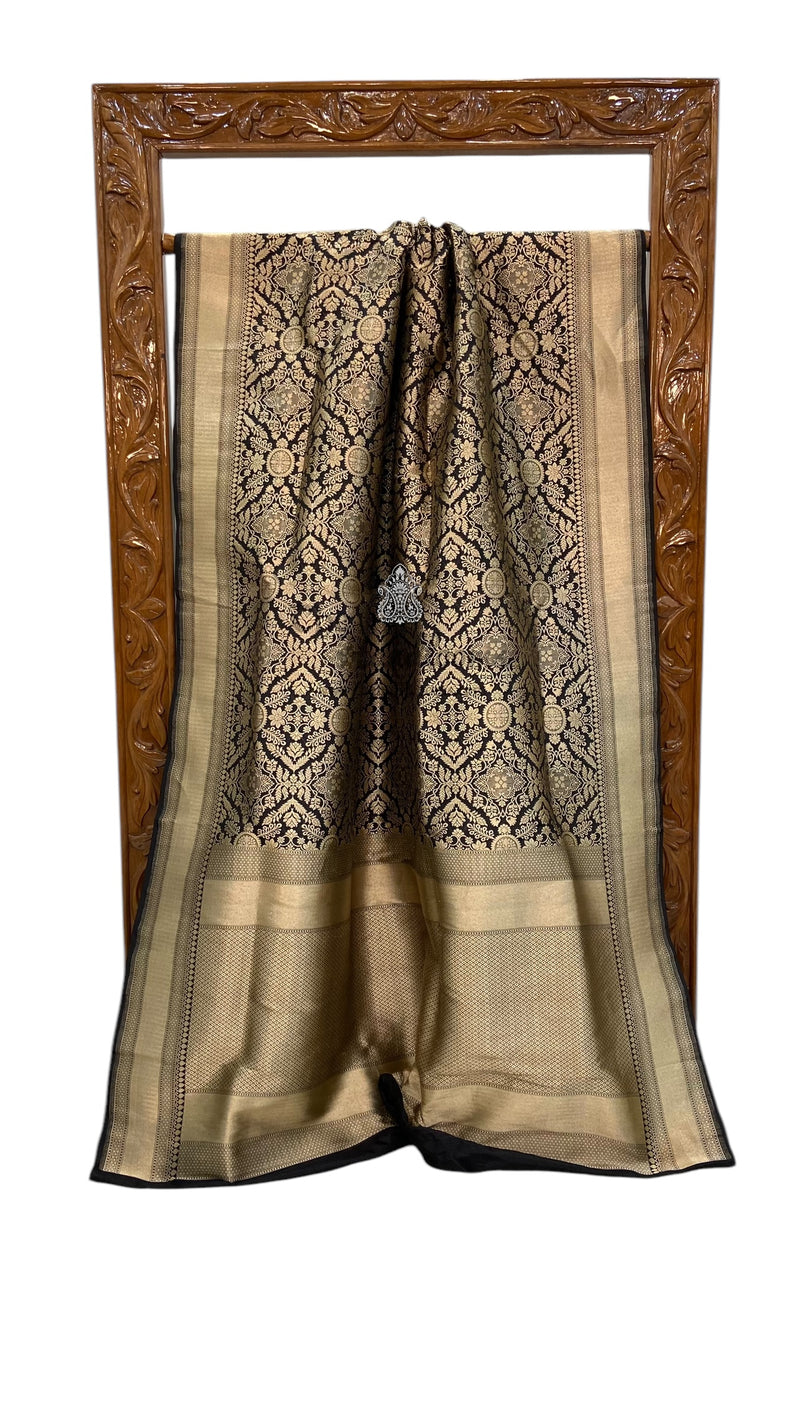 Regal Black  Pure Katan Silk Banarasi Saree – Handwoven Tanchui Brocade - The Handlooms