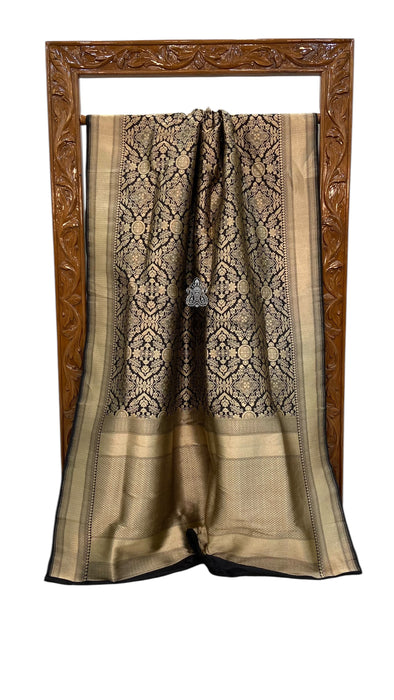 Black Pure Katan Silk Banarasi Handloom Saree - Tanchui Brocade