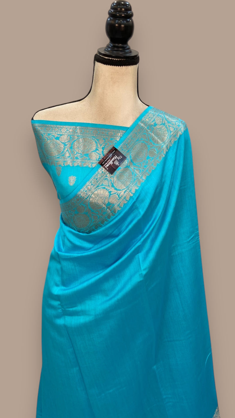 Sky Blue Pure Chiniya Silk Khaddi Handloom Banarasi Saree - The Handlooms