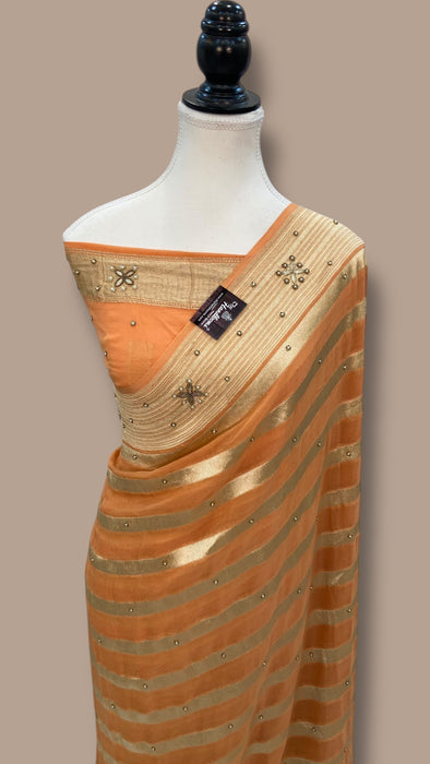 Khaddi Georgette Handloom Banarasi Saree with Handwork: Gota Patti, Zardozi, Diamond Chain, Katdana, and Abla Detailing