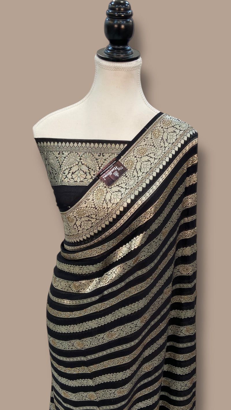 Khaddi Georgette Handloom Banarasi Saree with Siroski Stone Work - The Handlooms