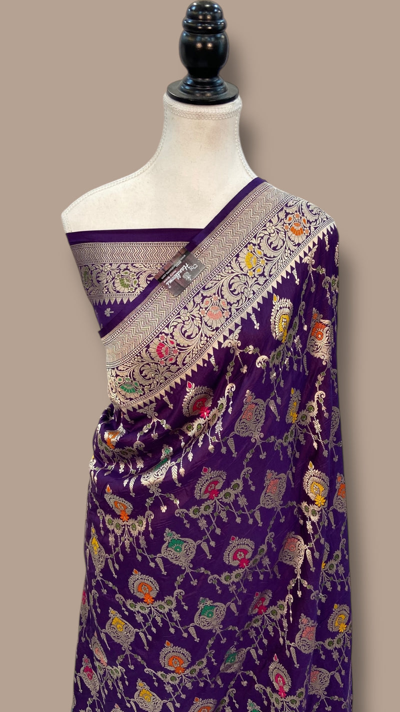 Purple Pure Katan Silk Banarasi Handloom Saree - All over Jaal Work With Meenakari - The Handlooms