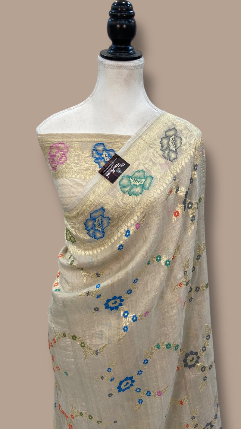 Pure Tussar Georgette Handloom Banarasi Saree - All over Jaal Work with meenakari - The Handlooms
