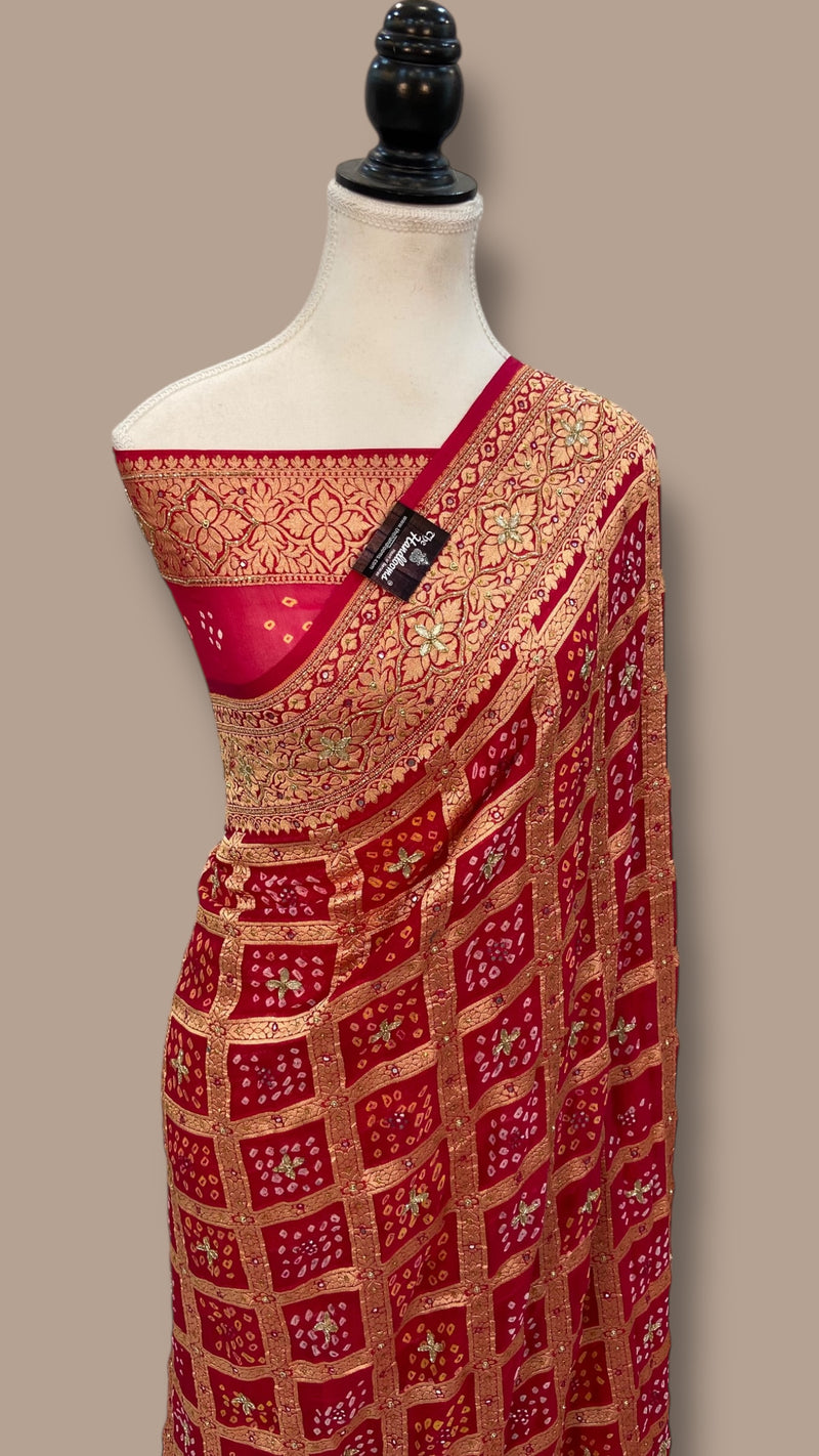 Pure Khaddi Georgette Banarasi Bandhej Handloom Saree with Handwork: Gota Patti, Zardozi, Diamond Chain, Katdana, and Abla Detailing - The Handlooms