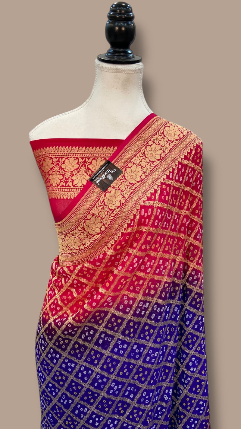 Dual Shade Pure Georgette Banarasi Bandhej Handloom Saree - The Handlooms