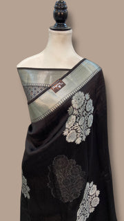 Black Pure Kora Handloom Banarasi Saree - The Handlooms