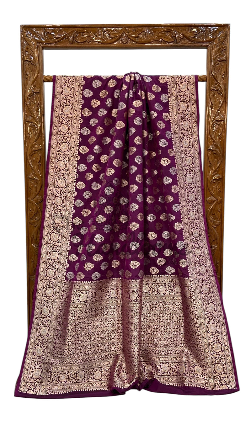 Purple Pure Katan Silk Banarasi Handloom Saree - All Over Sona Roopa Jaal Work - The Handlooms