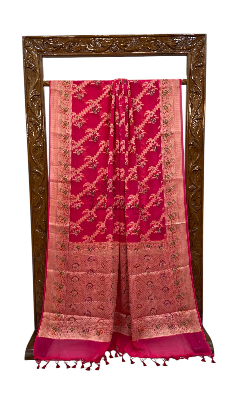 Hot Pink Pure Chiffon Khaddi Banarasi Saree - The Handlooms