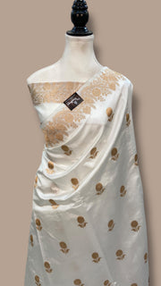 White Pure Katan Silk Banarasi Handloom Saree - All over Kadua motifs - The Handlooms