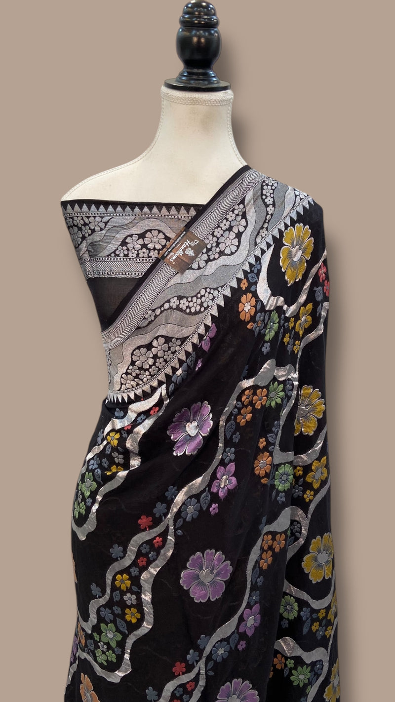 Pure Khaddi Georgette Handloom Banarasi Saree - All over Jaal Work With Meenakari - The Handlooms