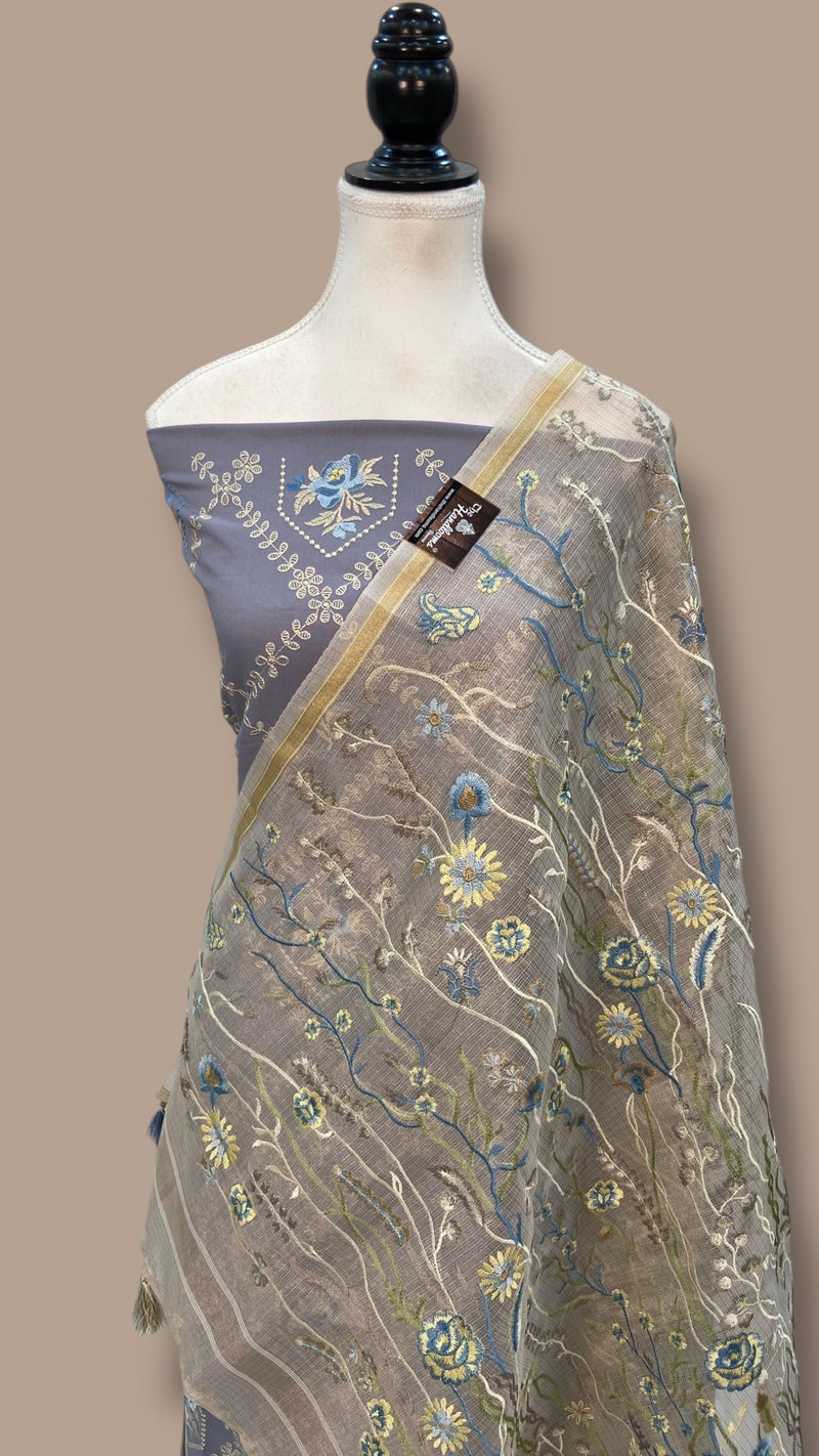 Pure Chanderi Cotton Banarasi Dress material - Chikankari With Organza Dupatta - The Handlooms