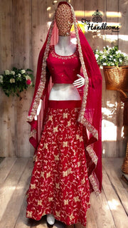Georgette Zardosi Lehenga with Handworked Chiffon Dupatta & Silk Blouse - The Handlooms