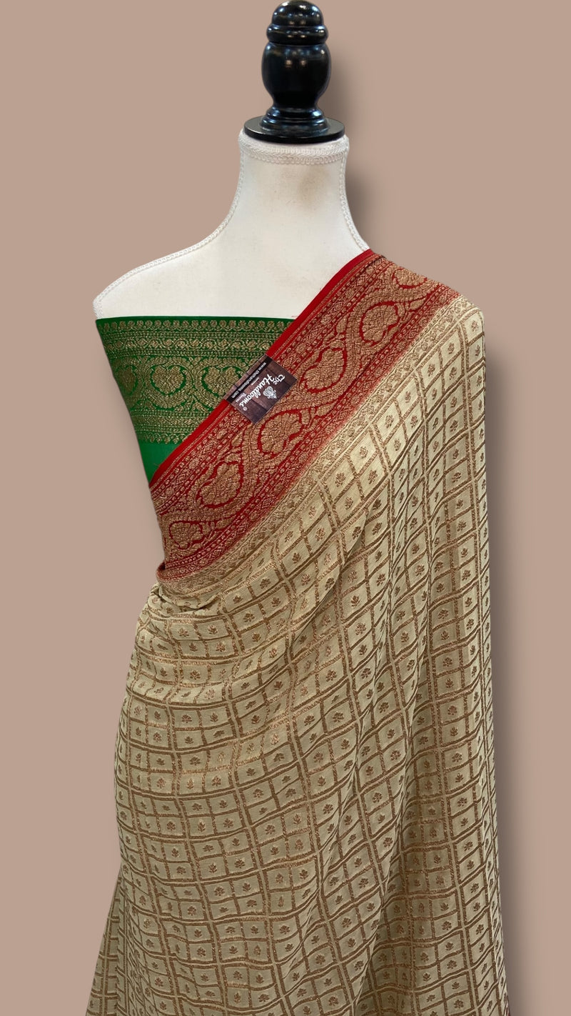 Cream Pure Khaddi Georgette Handloom Banarasi Saree - The Handlooms