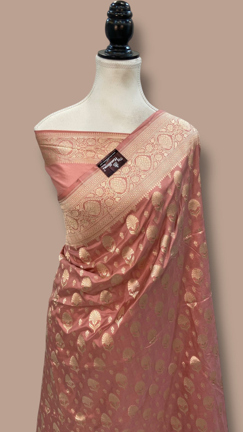 Dusty Rose Pure Katan Silk Banarasi Handloom Saree - All over jaal work - The Handlooms