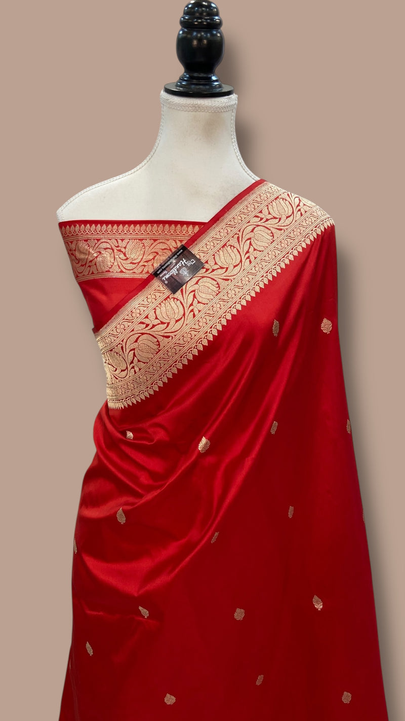 Red Pure Katan Silk Banarasi Handloom Saree - All Over Kadua Motifs - The Handlooms