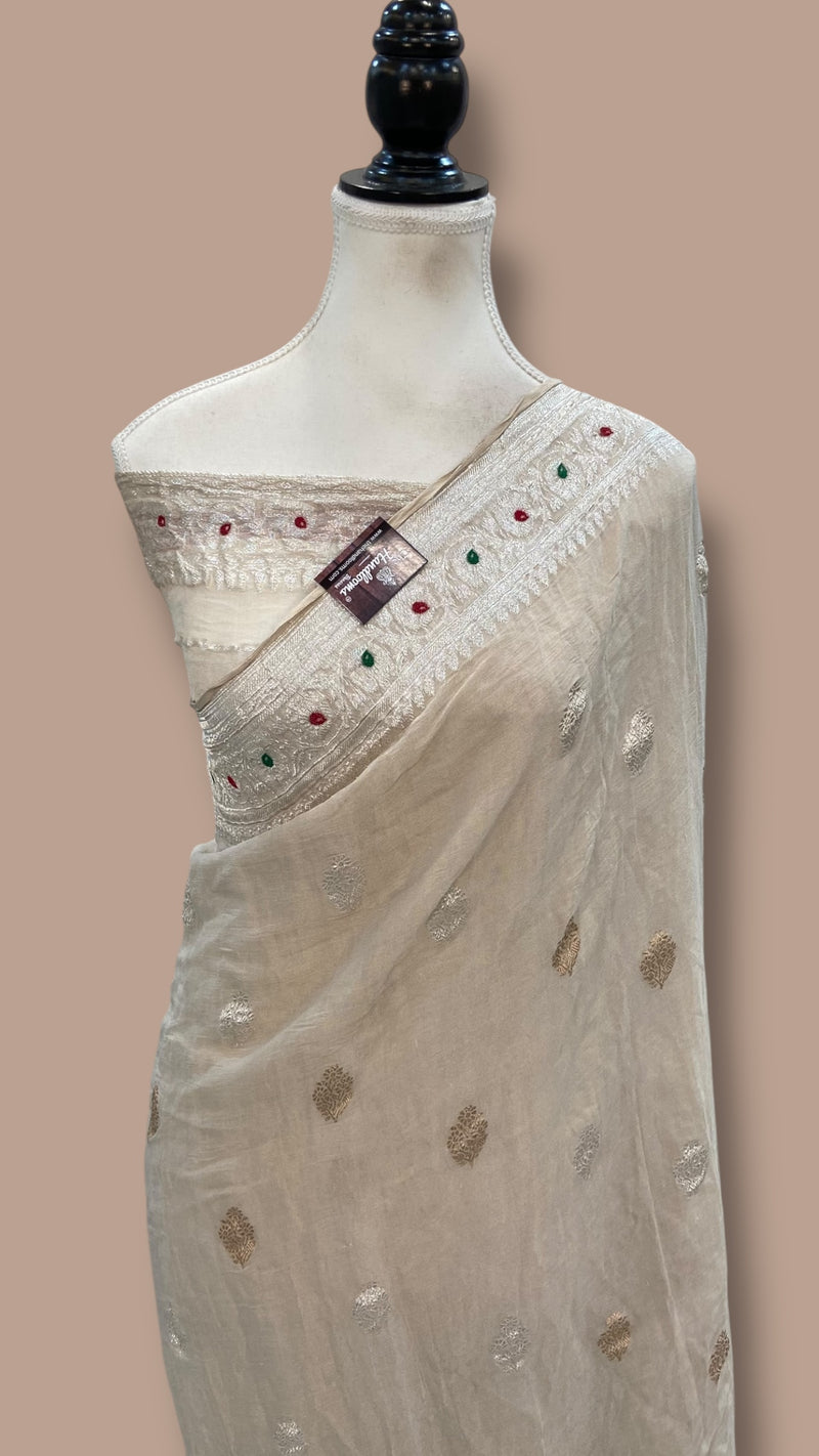 Handloom Banarasi Khaddi Georgette Tissue Saree | All-Over Sona Roopa Kadua Motifs & Meenakari - The Handlooms