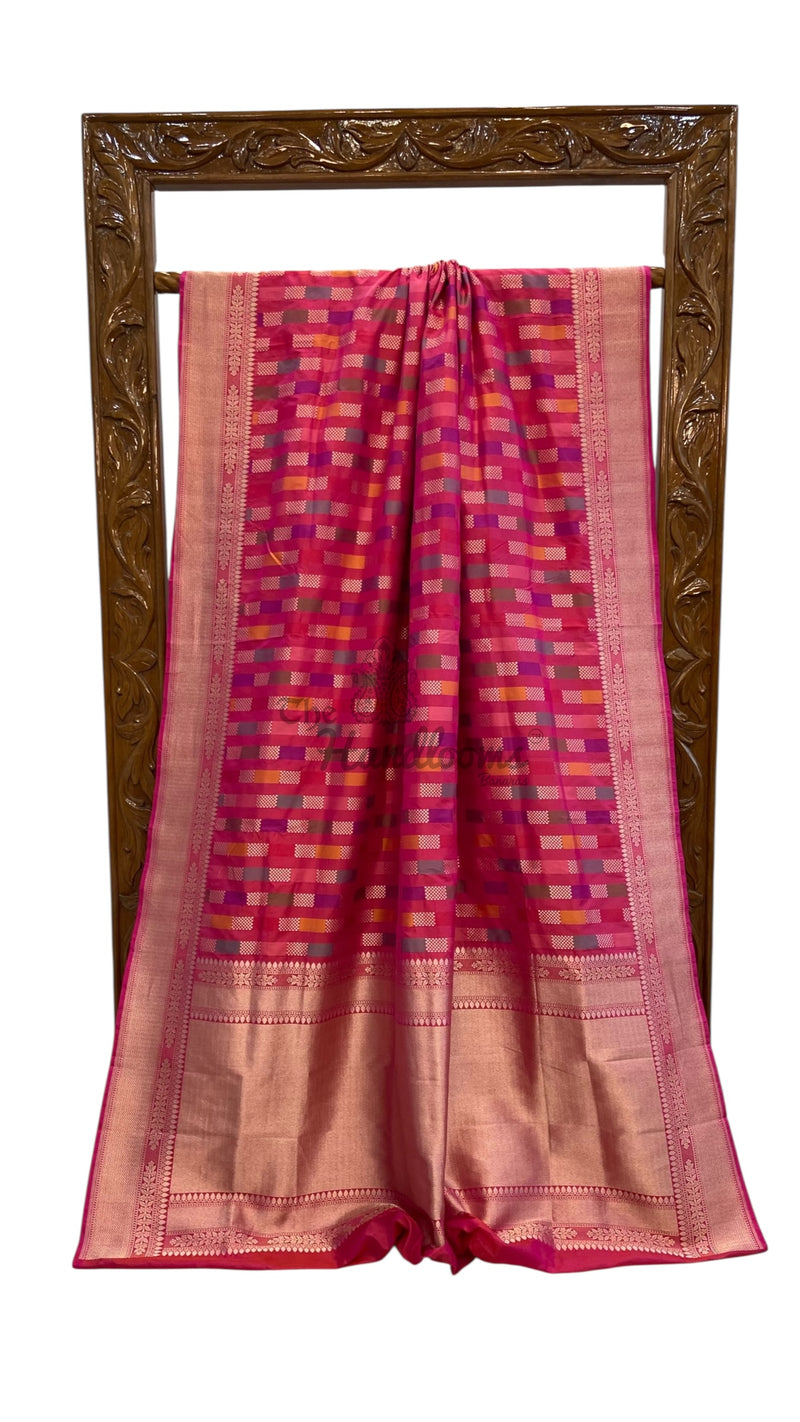 Multicolor Pure Katan Silk Banarasi Handloom Saree - All over Jaal Work With Rangkart - The Handlooms