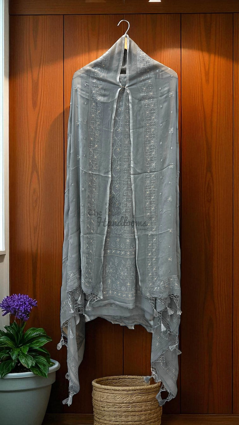 Pure Georgette Banarasi Chikan kari Dress Material - The Handlooms