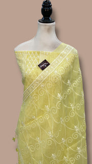 Pure Organza Chikankari Handloom Banarasi Dress Material - The Handlooms