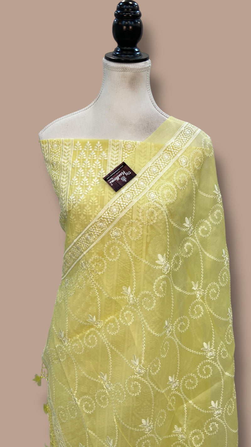 Pure Organza Chikankari Handloom Banarasi Dress Material - The Handlooms