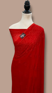 Red Pure Georgette Chikankari Handloom Banarasi Saree - The Handlooms