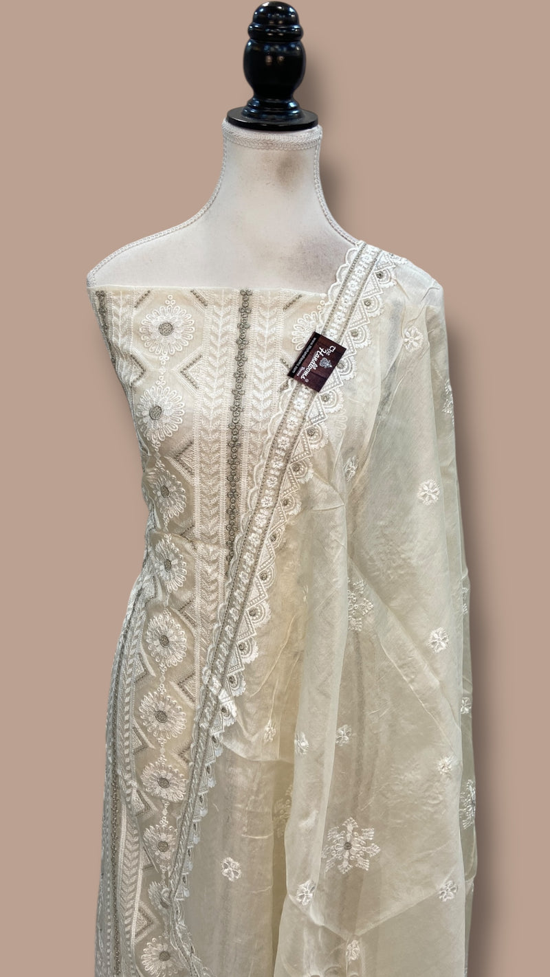 Pure Tussar Chikankari Handloom Banarasi Dress Material - The Handlooms