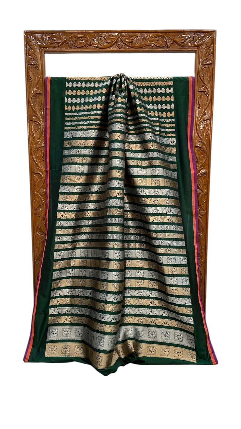 Bottle Green Nita Ambani Pure Katan Silk Banarasi Handloom Saree - All over Jaal work - With Meenakari - The Handlooms