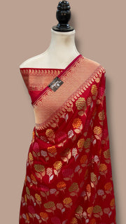 Red Pure Katan Silk Banarasi Handloom Saree - All over Jaal Work With Meenakari - The Handlooms