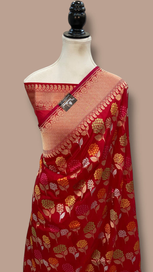 Red Pure Katan Silk Banarasi Handloom Saree - All over Jaal Work With Meenakari - The Handlooms