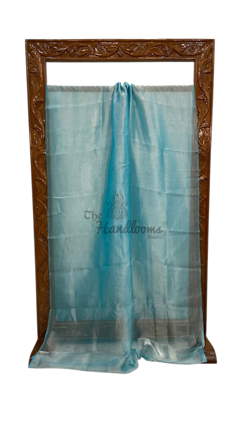 Aqua Blue Pure Kora Handloom Banarasi Saree - Plain