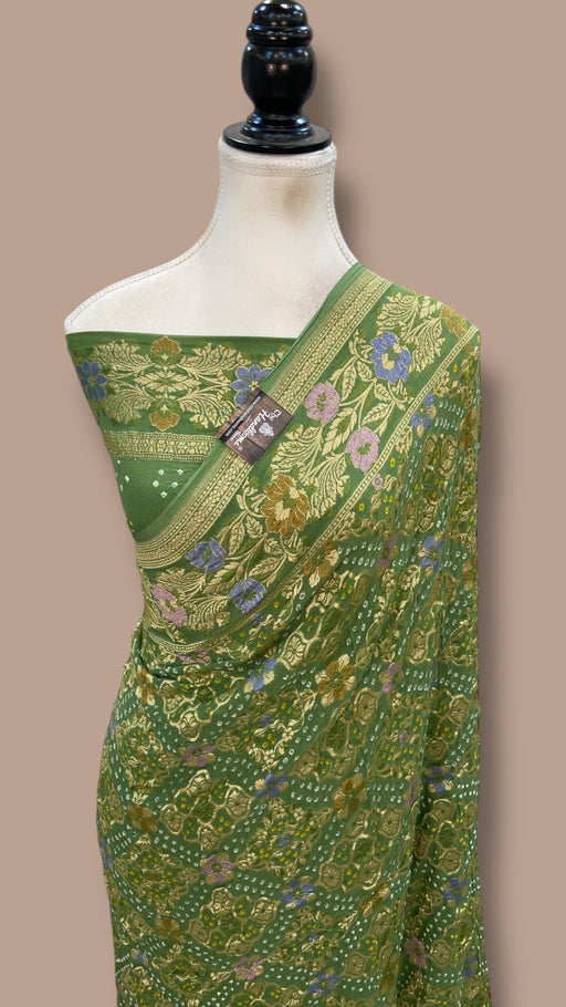 Pure Georgette Banarasi Bandhej Handloom Saree - Meenakari - The Handlooms