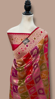 Multicolor Pure Katan Silk Banarasi Handloom Saree - All over Jaal Work With Rangkart - The Handlooms
