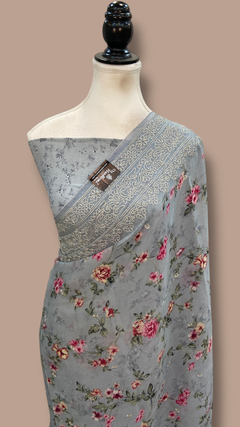 Pure Georgette Handloom Banarasi Saree - Digital Print With Chikankari - The Handlooms