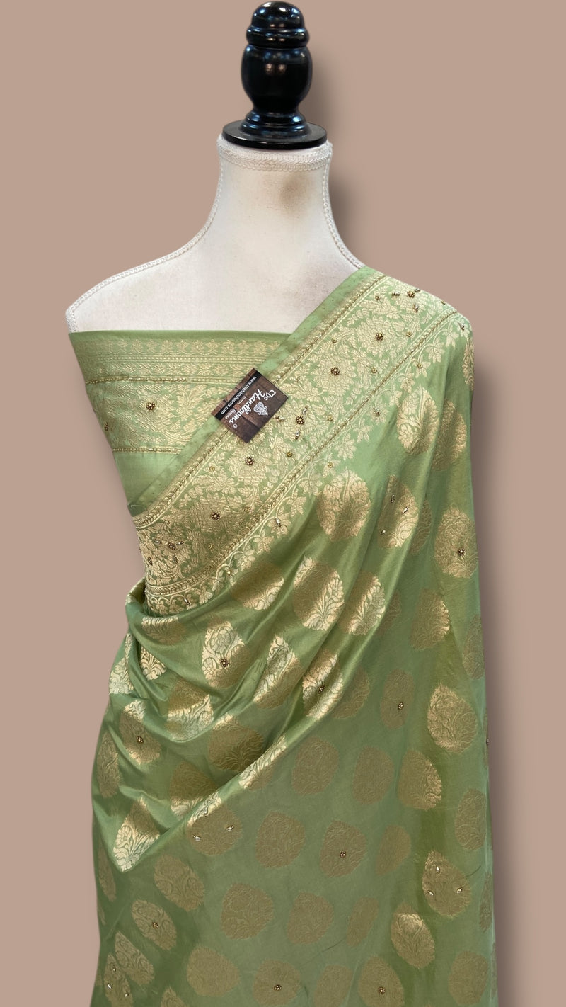 Pista Pure Katan Silk Banarasi Handloom Saree - All Over Boota With Zardosi Handwork - The Handlooms