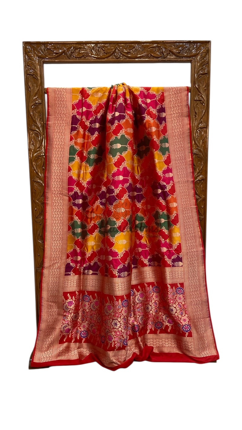 Multicolor Pure Katan Silk Banarasi Handloom Saree - All over Jaal Work With Rangkart - The Handlooms