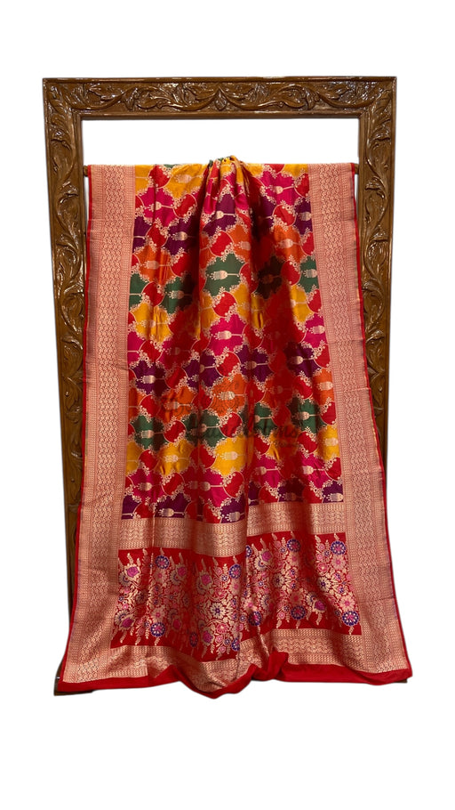 Multicolor Pure Katan Silk Banarasi Handloom Saree - All over Jaal Work With Rangkart - The Handlooms